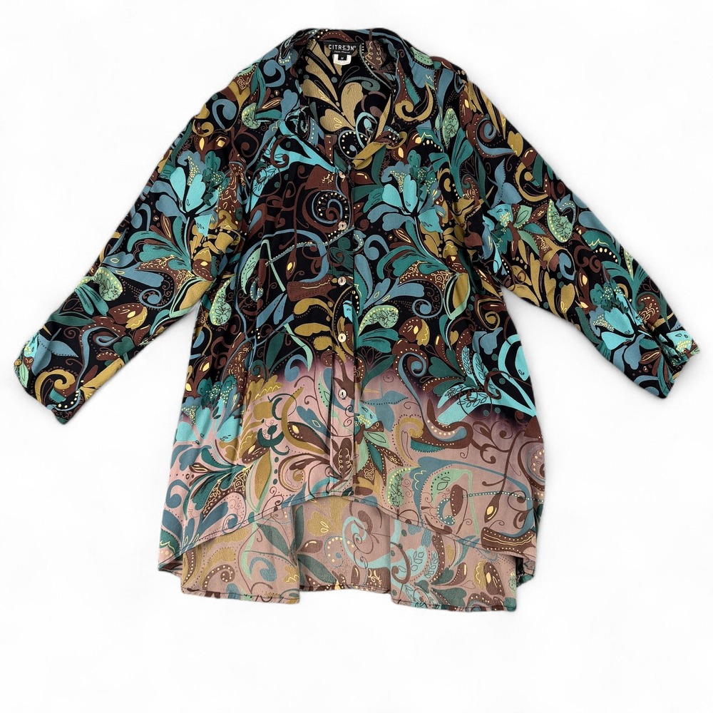 Citron Santa Monica Blouse Women M Multicolor Paisley Floral Sheer Tunic Top USA